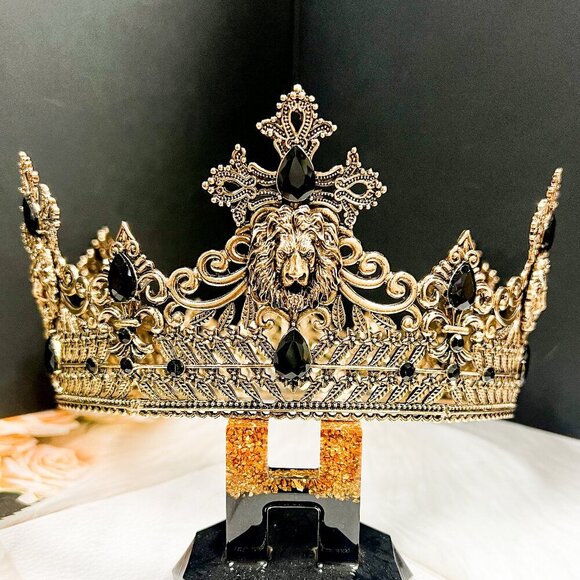 Vintage Lion King Crown, Black Crystal Crown for Groom, Prom Crown, Gold Crown - Picture 4 of 9